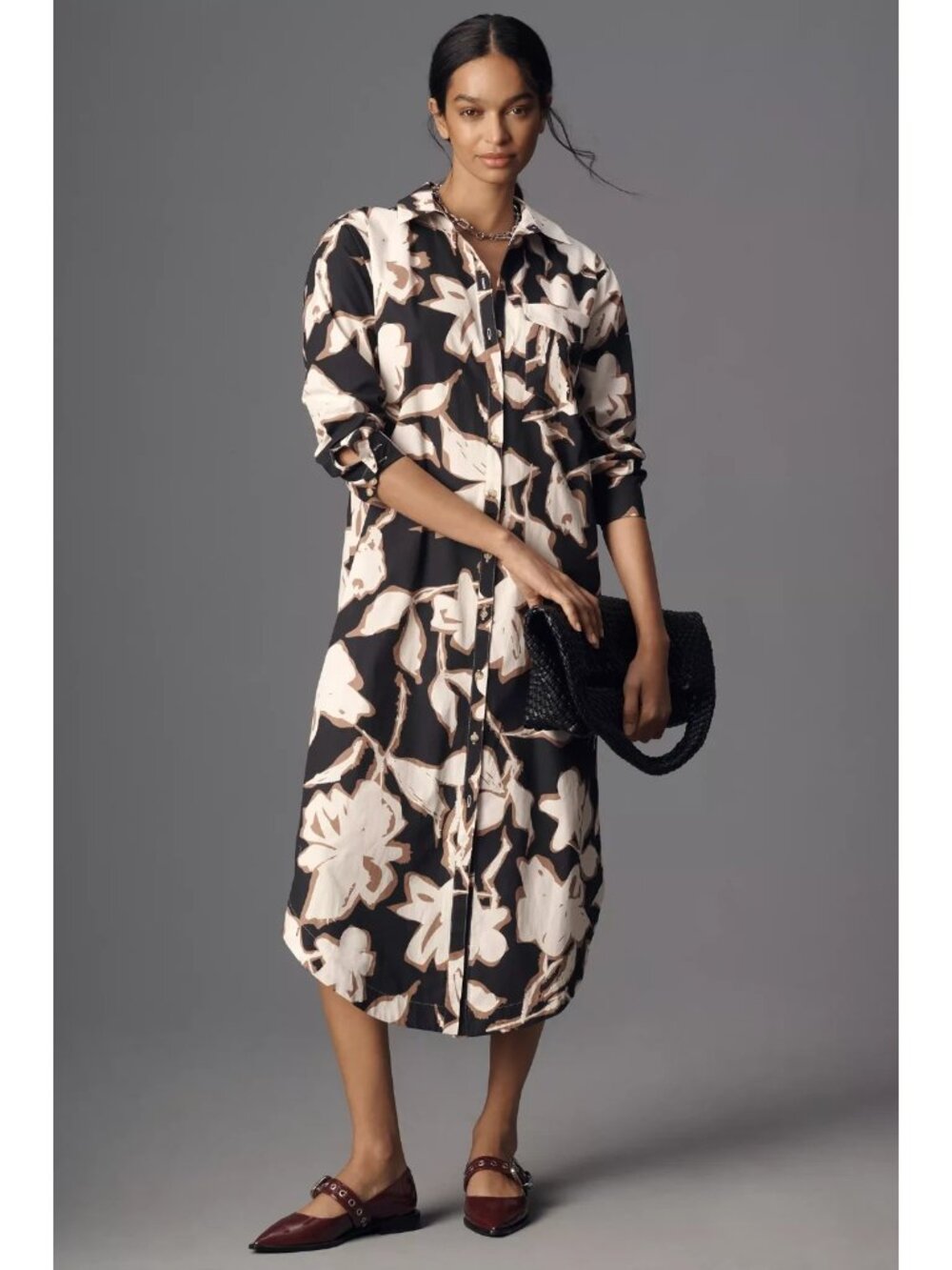 NWT Anthropologie Maeve Soren in Black Ecru Floral Cotton Midi Shirt Dress XL